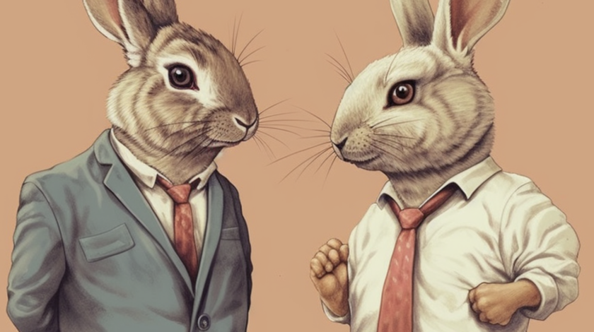 Two cute bunnies are arguing about politics